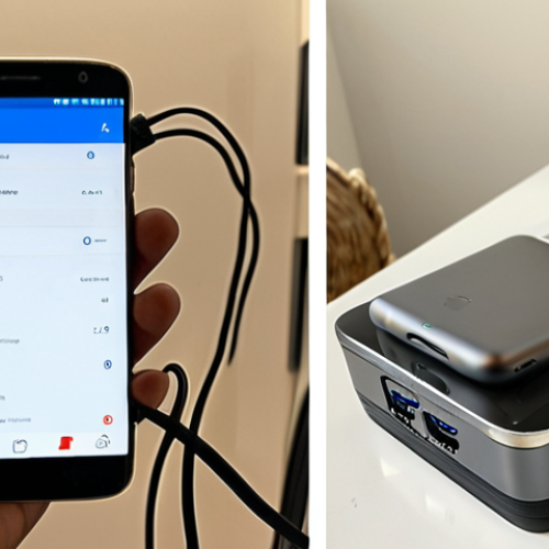 Home 4 A split image. Left side: A frustrated individual in a modern Arab home, holding a low-battery smartphone connected by a tangled, thin, possibly frayed cable, symbolizing slow, ineffective charging and wasted time. The phone screen shows a very low battery percentage and hints of overheating. Right side: A calm, satisfied individual with a sleek, fully charged smartphone and laptop, connected by a robust, high-quality USB-C cable, emphasizing efficient, fast charging and peace of mind. The scene should embody the contrast between poor quality leading to frustration and good quality leading to seamless technology integration, reflecting a sophisticated daily life.