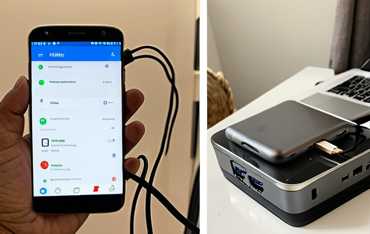 A split image. Left side: A frustrated individual in a modern Arab home, holding a low-battery smartphone connected by a tangled, thin, possibly frayed cable, symbolizing slow, ineffective charging and wasted time. The phone screen shows a very low battery percentage and hints of overheating. Right side: A calm, satisfied individual with a sleek, fully charged smartphone and laptop, connected by a robust, high-quality USB-C cable, emphasizing efficient, fast charging and peace of mind. The scene should embody the contrast between poor quality leading to frustration and good quality leading to seamless technology integration, reflecting a sophisticated daily life.