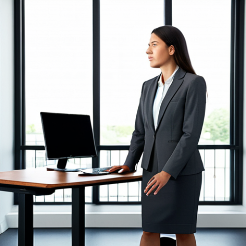 Home 14 A professional woman in a modest business suit, standing comfortably on a thick, dark grey anti-fatigue standing desk mat in a bright, modern office. She exhibits perfect anatomy and correct proportions, with a natural pose. The office features a sleek standing desk and large windows. The image highlights immediate physical relief and support, conveying a sense of calm and well-being. Well-formed hands are resting on the keyboard. Safe for work, appropriate content, fully clothed, professional photography, high quality, natural body proportions, proper finger count.