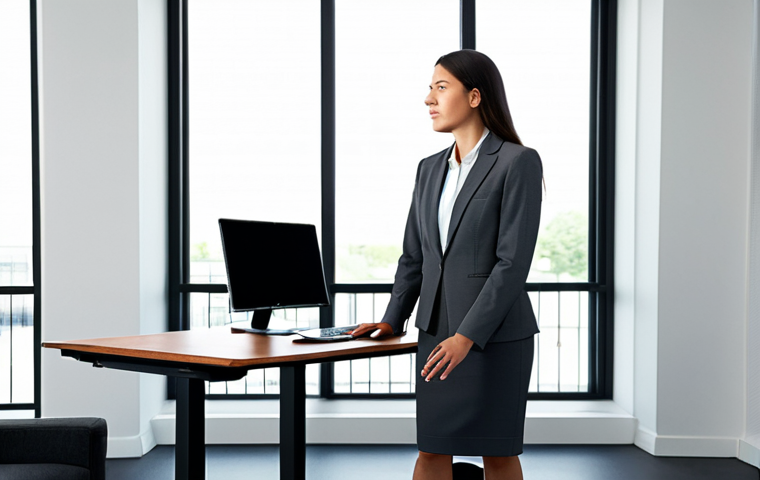 A professional woman in a modest business suit, standing comfortably on a thick, dark grey anti-fatigue standing desk mat in a bright, modern office. She exhibits perfect anatomy and correct proportions, with a natural pose. The office features a sleek standing desk and large windows. The image highlights immediate physical relief and support, conveying a sense of calm and well-being. Well-formed hands are resting on the keyboard. Safe for work, appropriate content, fully clothed, professional photography, high quality, natural body proportions, proper finger count.