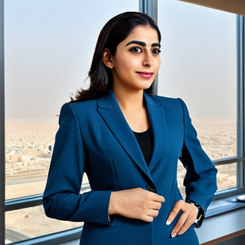 Home 7 **
"A professional Arab businesswoman in a modest, tailored business suit, standing confidently in a modern office overlooking a cityscape in Riyadh, Saudi Arabia, fully clothed, appropriate attire, safe for work, perfect anatomy, natural proportions, professional photography, high quality."
**