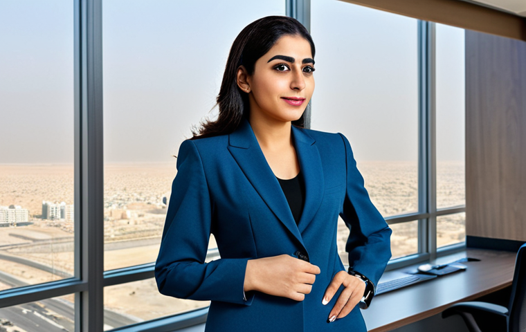**

"A professional Arab businesswoman in a modest, tailored business suit, standing confidently in a modern office overlooking a cityscape in Riyadh, Saudi Arabia, fully clothed, appropriate attire, safe for work, perfect anatomy, natural proportions, professional photography, high quality."

**