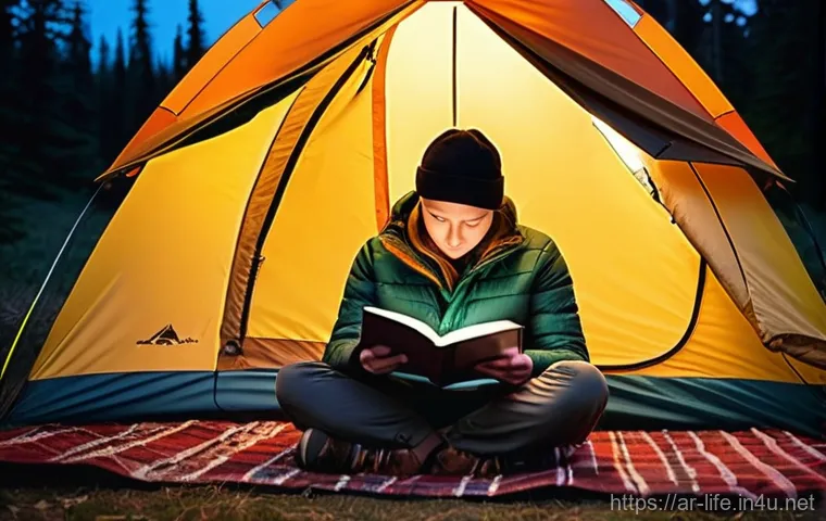 컴팩트한 캠핑용 랜턴 추천 - **A cozy evening inside a camping tent.** The main focus is a compact, modern LED camping lantern ha...