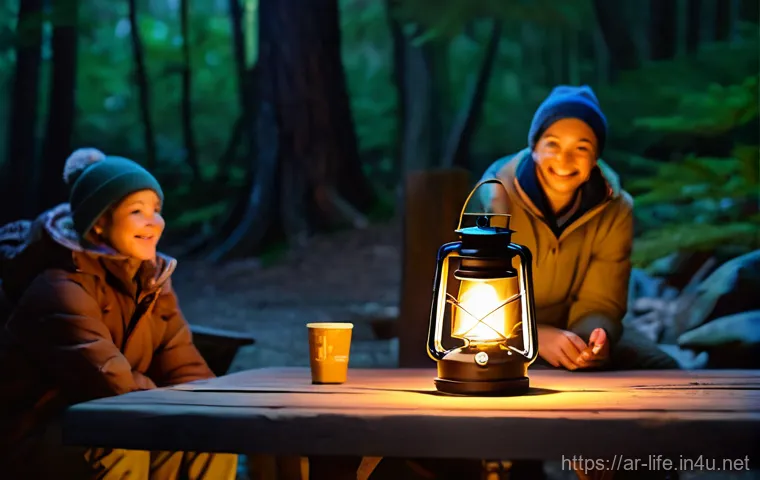 컴팩트한 캠핑용 랜턴 추천 - **A rugged, all-weather camping lantern standing firm against the elements.** The scene depicts a du...