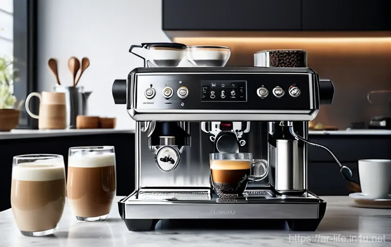 최신 디자인의 커피머신 추천 - **Prompt 1: "A serene, sunlit kitchen features a sleek, modern automatic espresso machine with polis...