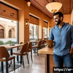 고속 충전 케이블과 일반 케이블 비교 - A modern Arab man in a casual outfit using a fast-charging cable to power his smartphone at a busy M...