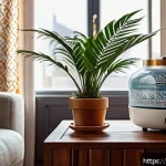 최고의 가습기 추천 - A cozy modern Arab home interior in winter, featuring a warm steam humidifier emitting gentle warm m...