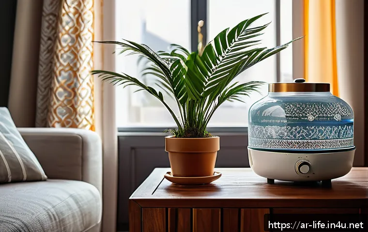 최고의 가습기 추천 - A cozy modern Arab home interior in winter, featuring a warm steam humidifier emitting gentle warm m...