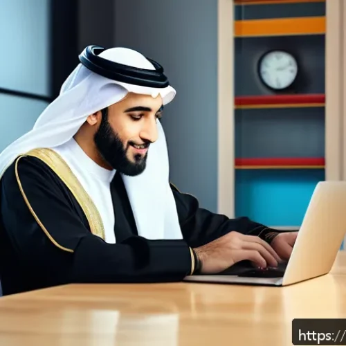 다기능 전자시계의 활용법 - A modern Arab man wearing traditional clothing (thobe) and a smartwatch on his wrist, sitting at a s...