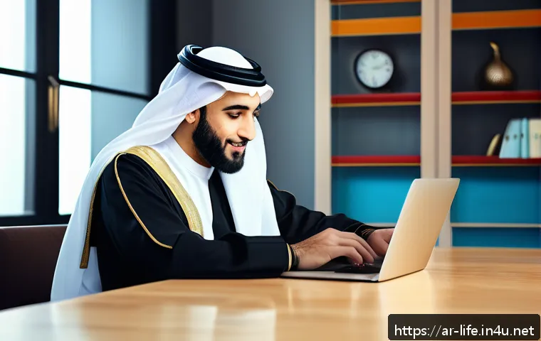 다기능 전자시계의 활용법 - A modern Arab man wearing traditional clothing (thobe) and a smartwatch on his wrist, sitting at a s...