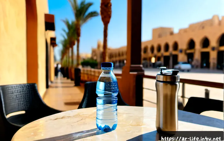 친환경 물병의 장점 - Photorealistic reusable stainless steel water bottle beside a glass of fresh water on a sunlit outdo...