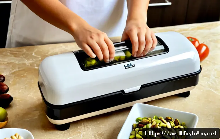 소형 진공포장기의 활용 팁 - Photorealistic compact vacuum sealer in use on a clean modern Arab family kitchen counter, close-up ...