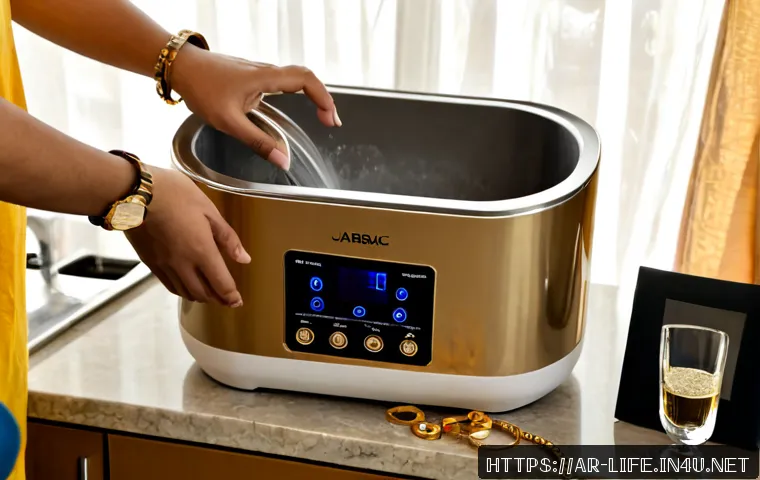가정용 초음파 세척기의 활용법 - Photorealistic close-up of a compact home ultrasonic cleaner on a spotless modern kitchen counter in...